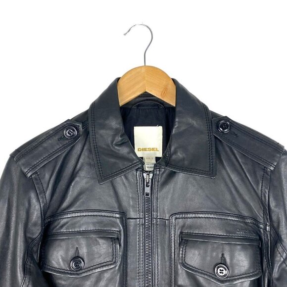 Diesel Men's Black Lamb Leather Full Zip Bomber Jacket Epaulettes US S - Picture 9 of 16